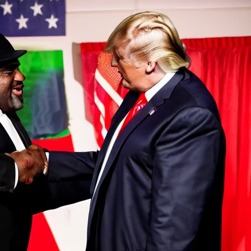 Image similar to patrice o'neal and donald trump shaking hands while smiling and laughing, ultra realistic, 8 k, photorealistic