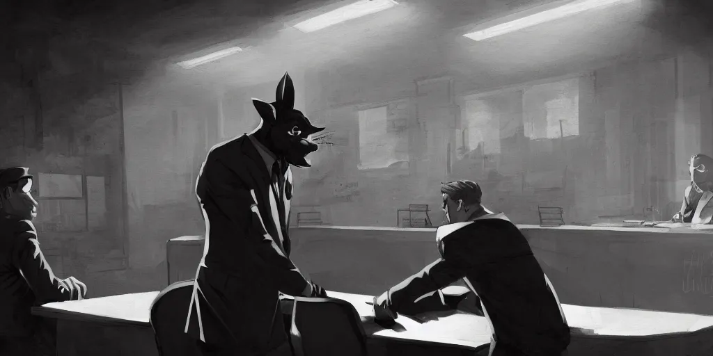 Prompt: two men argue in a interrogation room, night time, dramatic lighting, noir film, fine details, high contrast, blacksad, kim jung gi, greg rutkowski, trending on artstation, 8 k, ultra wide angle