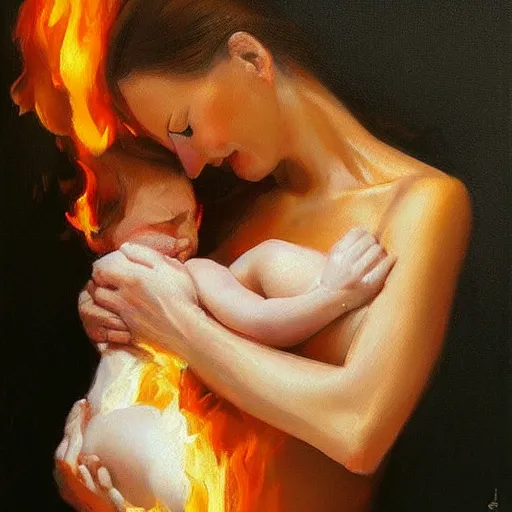 Prompt: beautiful woman cradling her child by stefan kostic, engulfed in flames, elegant, realistic, loving