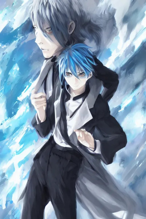 Prompt: anime boy with messy blue hair wearing black long jacket beside another shorter boy with wavy white hair in white formal clothes, wlop, concept art, digital painting, trending on artstation, highly detailed, epic composition, 8 k uhd