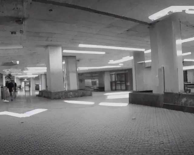 Image similar to camera footage of a Darpa Robot hunting people in an abandoned shopping mall, high exposure, dark, monochrome, camera, grainy, CCTV, security camera footage, timestamp, zoomed in, fish-eye lense, Robot, Drone, Intense, Darpa,