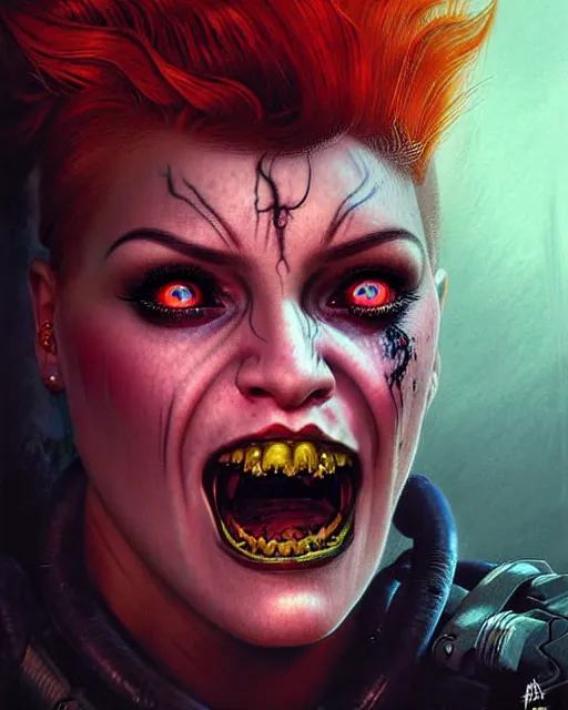 Prompt: zarya from overwatch, with an evil and crazy look inn her eyes, character portrait, portrait, close up, concept art, intricate details, highly detailed, horror poster, horror, vintage horror art, realistic, terrifying, in the style of michael whelan, beksinski, and gustave dore