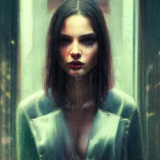 Image similar to detailed portrait of a woman, moment, cyberpunk cloisters, electronic billboards, tech noir, wet reflections, atmospheric, ambient, livia prima, greg rutkowski, edward hopper, pj crook