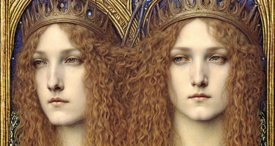 Image similar to detailed realistic beautiful young medieval queen face portrait by jean delville, gustave dore and marco mazzoni, art nouveau, symbolist, visionary, gothic, pre - raphaelite. horizontal symmetry