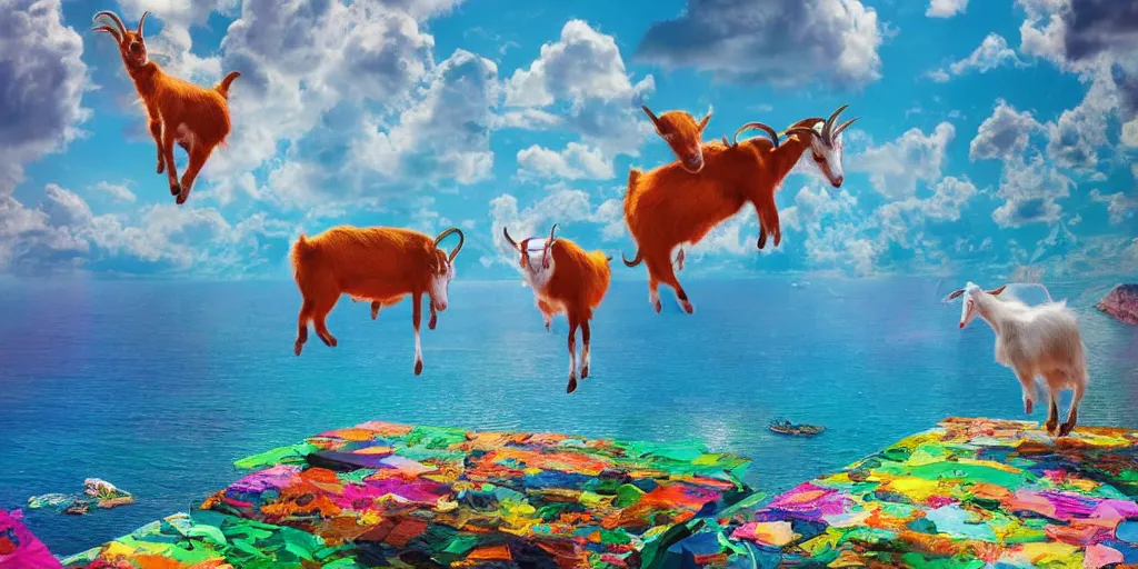 Image similar to Floating goats on LSD over a technicolor ocean, Darek Zabrocki, Karlkka, Jayison Devadas, Phuoc Quan, trending on Artstation, 8K, ultra wide angle, pincushion lens effect.