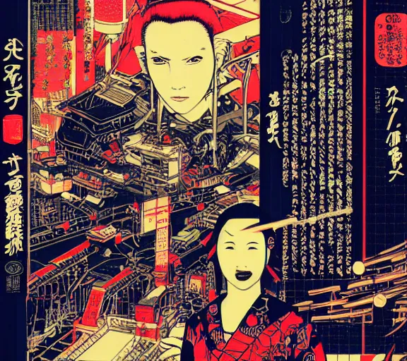 Image similar to futuristic japanese cyberpunk bladerunner silk screen by utagawa yoshiiku, ohara koson, pixiv contest winner, cyberpunk style, cyberpunk color scheme, mechanical, robotic, human machine interface, high resolution, hd