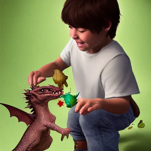 Prompt: A photorealistic image of a kid playing with a little pet dragon, highly detailed