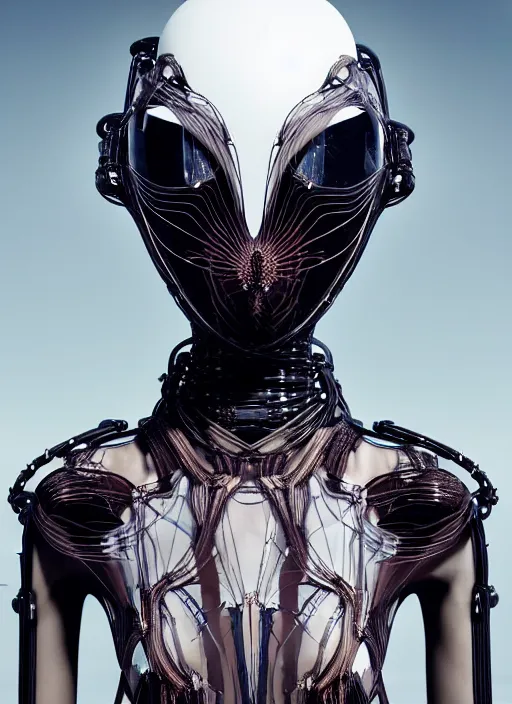 Image similar to desert, catwalk, iris van herpen gothic inflateble dark dress, perfect symmetrical body, helmet on face, full body shot, inflateble shapes, wires, tubes, veins, jellyfish, white biomechanical details, wearing epic bionic cyborg implants, masterpiece, intricate, biopunk, vogue, highly detailed, artstation, concept art, cyberpunk, octane render