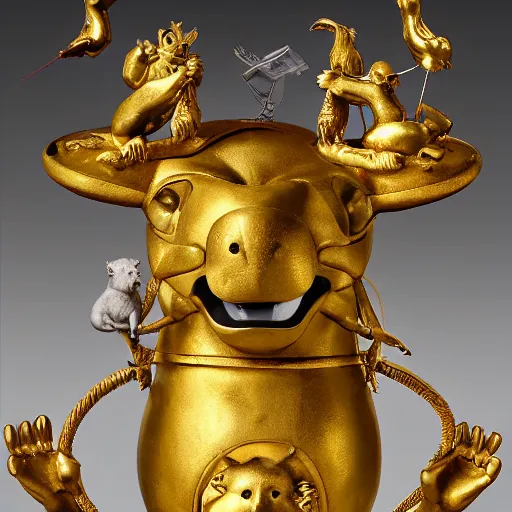 Prompt: anthropomorphic animals worshipping a monument to money, golden idol, by hieronymus bosch, ultra detailed, highly detailed, 8 k, trending on artstation, award - winning art,