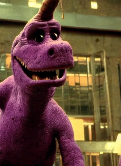 Image similar to barney the dinosaur in the movie fight club