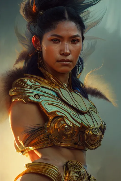 Prompt: portrait of a female Amazon warrior looking fierce, sci-fi, fantasy, intricate, closeup, dramatic lighting elegant, highly detailed, cgsociety, artstation, octane render, unreal engine, concept art, smooth, sharp focus, art by artgerm and greg rutkowski and alphonse mucha