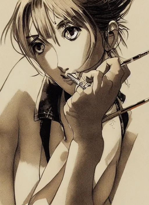 Image similar to portrait of a beautiful girl smoking a cigarette, by takehiko inoue and kim jung gi and hiroya oku, masterpiece illustration, ultrarealistic!!!!, perfect face and anatomy!!!!!, golden ratio!!!