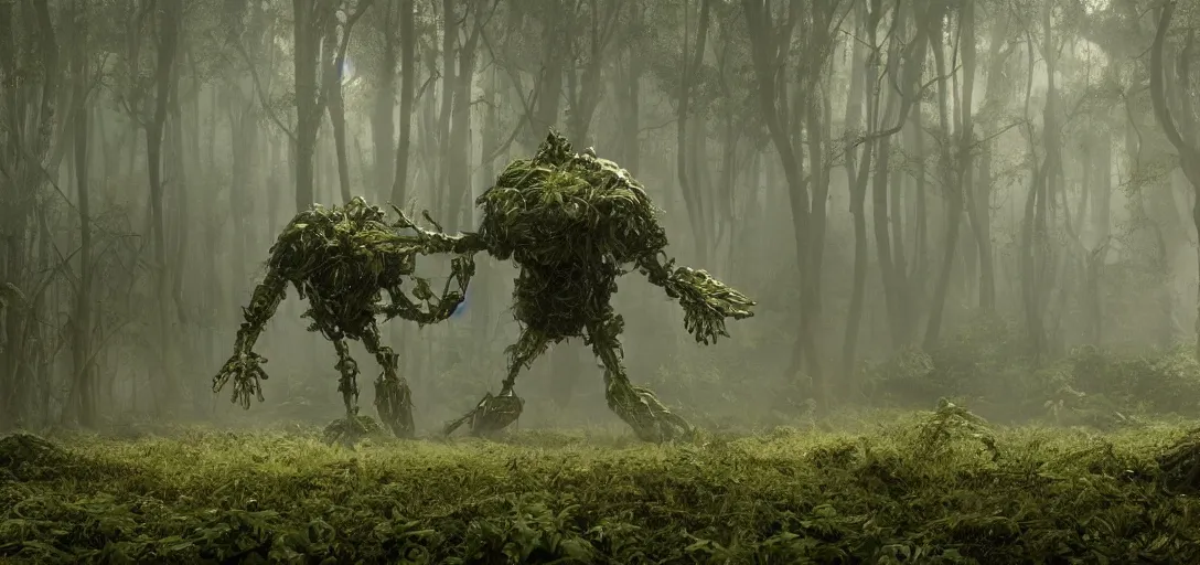 Image similar to a complex organic fractal 3 d metallic symbiotic ceramic humanoid megastructure creature in a swampy lush forest, foggy, sun rays, cinematic shot, photo still from movie by denis villeneuve