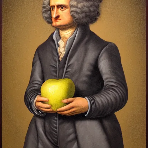 Image similar to An extremely detailed portrait of Isaac Newton in power armor holding an apple, 4k, mirror lake, highly detailed, trending on artstation