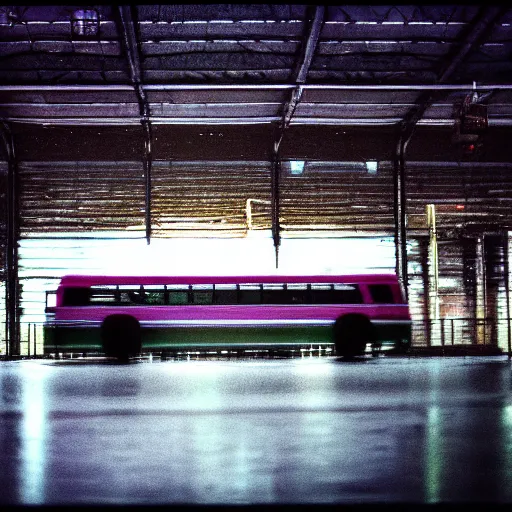 Image similar to 1990s perfect 8K HD professional cinematic photo of a bus in dystopian hangar, at evening during rain, at instagram, Behance, Adobe Lightroom, with instagram filters, depth of field, taken with polaroid kodak portra