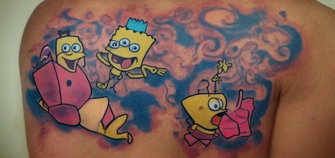 Image similar to spongbob with tattoos photorealism bokeh