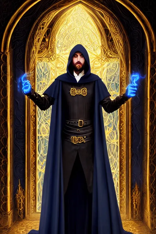 Prompt: handsome mage casting a spell, long black hair blue eyes wearing leather mantle gothic navy cloak with gold details, castle town, fantasy character portrait, ultra realistic, intricate, elegant, cinematic lighting, highly detailed, digital painting, artstation, smooth, sharp, focus, illustration, art by artgerm and greg rutkowski and alphonse mucha