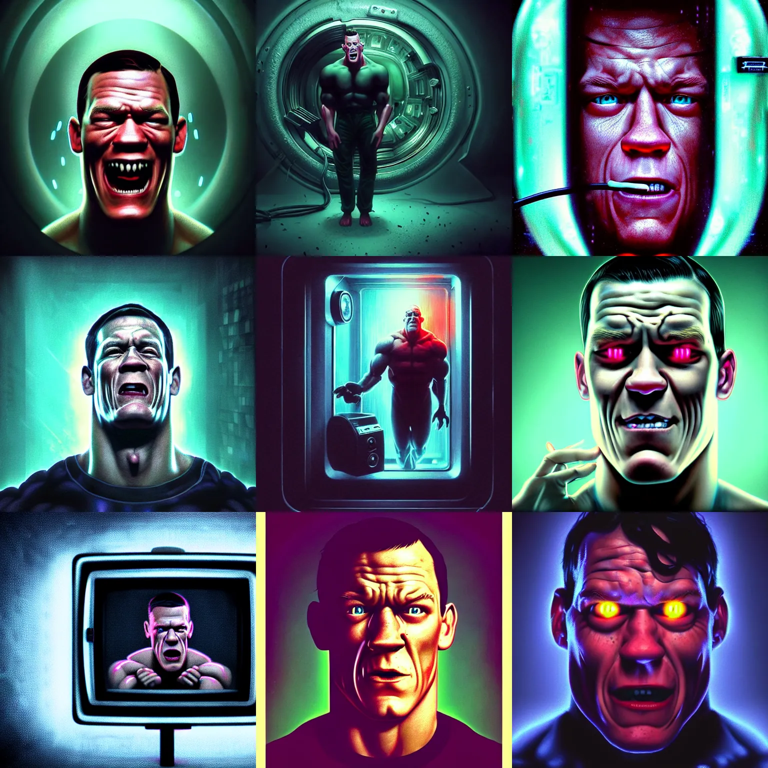 Prompt: nightmare john cena trapped in a crt television, scared, surreal, phantasmagoric, by tom bagshaw and ilya kuvshinov, rtx rendering, octane render 1 2 8 k, maya, extreme high intricate details by wlop, digital anime art by ross tran, medium shot, composition by sana takeda, dramatic lighting by greg rutkowski