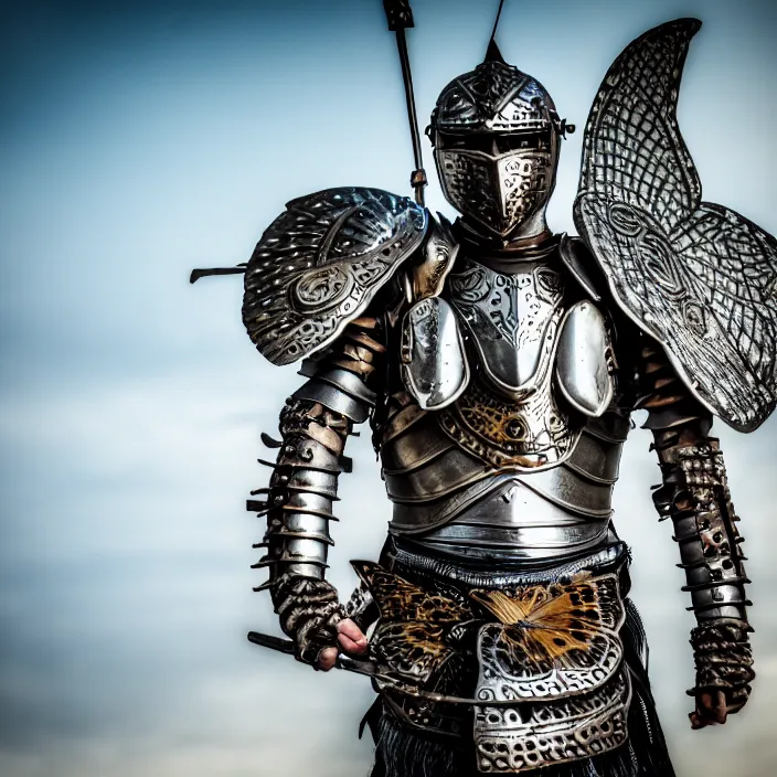 Prompt: photo of a warrior with metal butterfly themed armour, highly detailed, 4 k, hdr, smooth, sharp focus, high resolution, award - winning photo