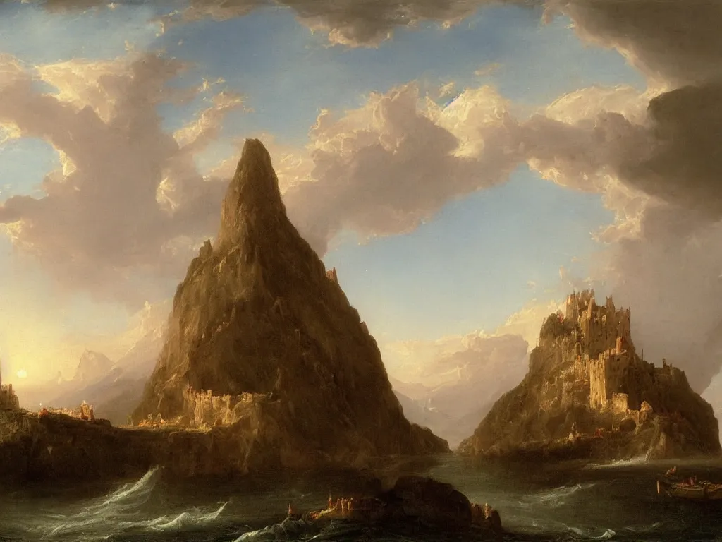 Image similar to a landscape painting of a castle on the ship, by Thomas Cole