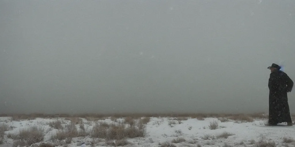 Image similar to photo of shiprock, new mexico during a snowstorm. a old man in a trench coat and a cane appears in the midground. cold color temperature. blue hour morning light, snow storm. hazy atmosphere. humidity haze. kodak ektachrome, greenish expired film, award winning, low contrast.