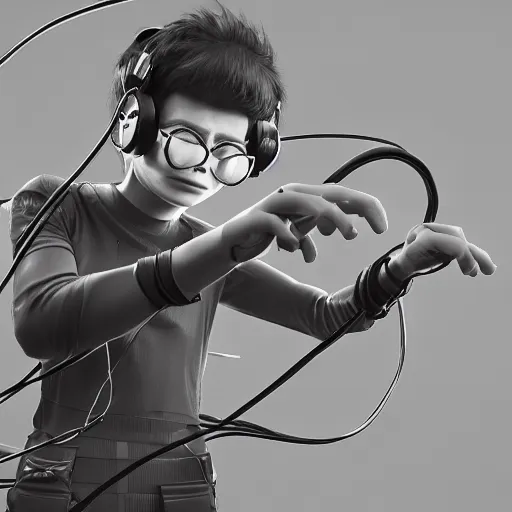 Image similar to rpg character concept art, modular synth musician patching cables, wires flying in the air, wearing a prototype ar headset, in the style of jamie hewlett hiroya oku riyoko ikeda, 3 d render, artstation trending, 8 k, octane render, photorealistic, sharp detail, manga, black and white