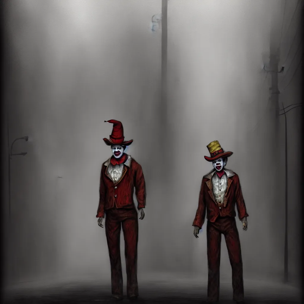 Image similar to A portrait of James Sunderland from Silent Hill 2 dressed as a clown standing in a foggy street, digital art, moody