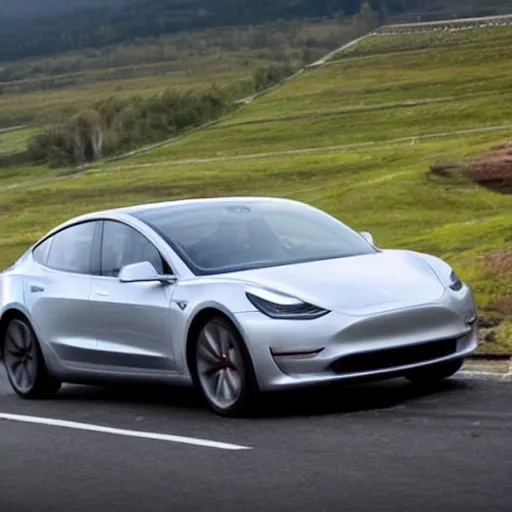 Prompt: Steam engined Tesla Model 3 on a rural highway