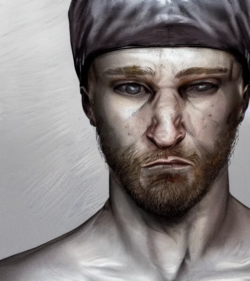 Image similar to portrait of muscular, tired and alcoholic 3 0 - year - old grieving man with short darkblonde hair, serious sad look in his eyes, looking down, dirty beard, blue eyes, crying tears, wearing dirty soldier uniform, on the desert, sad atmosphere, hyper realistic face, character art, art by mark brooks, cryengine, trending on artstation, digital art