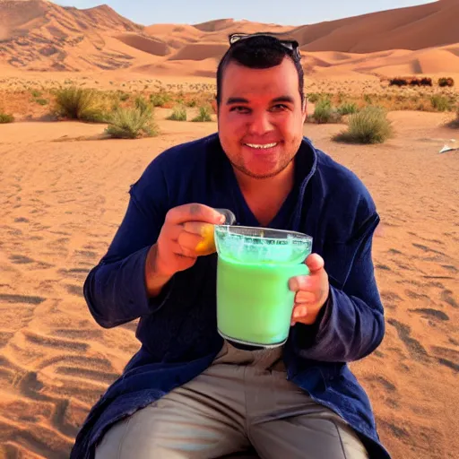 Prompt: Shrek drinking moroccan tea in the desert