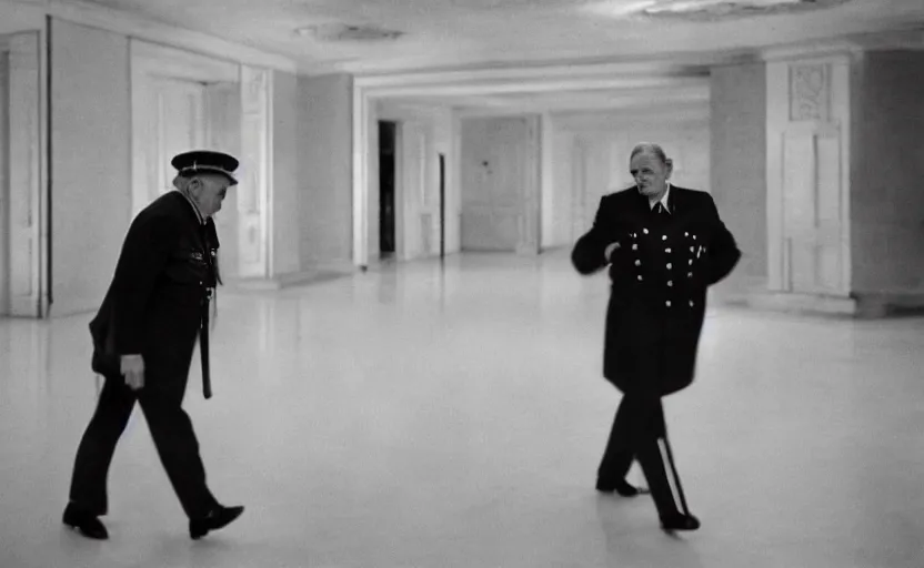 Image similar to 50s movie still close-up portrait of an elder soviet general crossing an empty stalinist hall, by David Bailey, Cinestill 800t 50mm eastmancolor, heavy grainy picture, very detailed, high quality, 4k, HD criterion, precise texture and facial expression