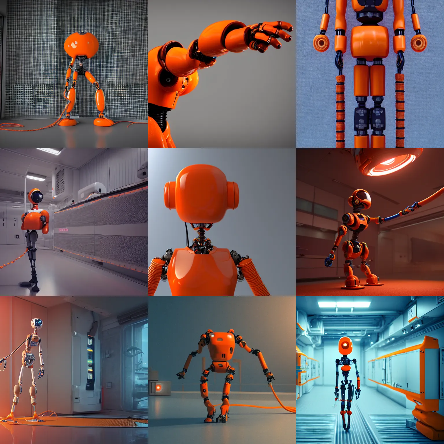 Prompt: tangerine robot attached by a heavy, mechanical, industrial penumatic cable, the cable is attached to her back, clean room, scifi, octane render