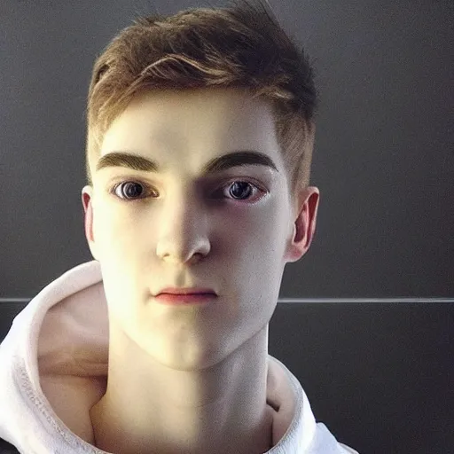 Image similar to “a realistic detailed photo of a guy who is an attractive humanoid who is half robot and half humanoid, who is a male android, twitch streamer Ninja Tyler Blevins, shiny skin, posing like a statue, blank stare, living room”