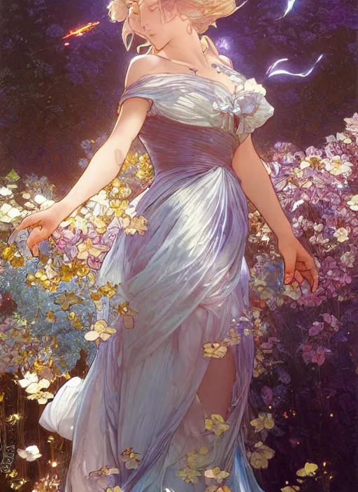 Prompt: portrait of cinderella, flowers, blue spike aura in motion, floating pieces, painted art by tsuyoshi nagano, greg rutkowski, artgerm, alphonse mucha, spike painting