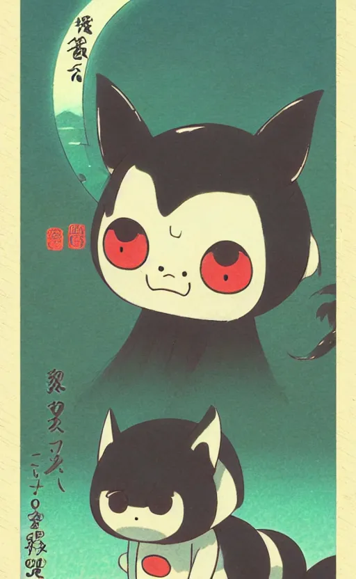 Image similar to a cute yokai card from 1 9 5 0, illustration, clear sky background, lush landscape, concept art, anime key visual, trending pixiv fanbox, by wlop and greg rutkowski and makoto shinkai and studio ghibli and kyoto animation, symmetrical facial features, portable yokai pet companion, box art