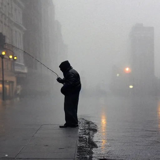 Image similar to portrait of a man fishing in a rainy new york street, photograph, magazine, press, photo