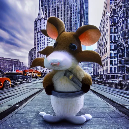 Image similar to giant mouse in the city, photorealistic, highly detailed, sharp focus, vivid, symmetrical, random, convoluted, mind - blowing, creative, fully functional, physics defying, amazing, cool, hdr