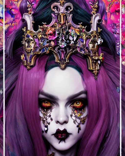 Image similar to maximalist baroque bedazzled gothic royalty frames surrounding a watercolor portrait of maximalist monster high draculaura doll, stephen bliss, unreal engine, by greg rutkowski, loish, rhads, makoto shinkai and lois van baarle, ilya kuvshinov, rossdraws, global illumination, radiant light, detailed and intricate environment, watercolor lighting