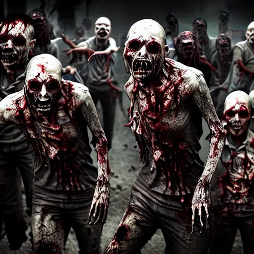Prompt: creepy nightmare fuel zombie horde apocalypse, cinematic, cinematography, still, incredible detail, photorealistic, epic, horror, scary, render, living dead, ghouls, monsters, vfx, cgi