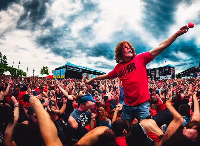 Prompt: photo still of gallagher at vans warped tour!!!!!!!! at age 4 5 years old 4 5 years of age!!!!!!! throwing watermelons at a crowd, 8 k, 8 5 mm f 1. 8, studio lighting, rim light, right side key light