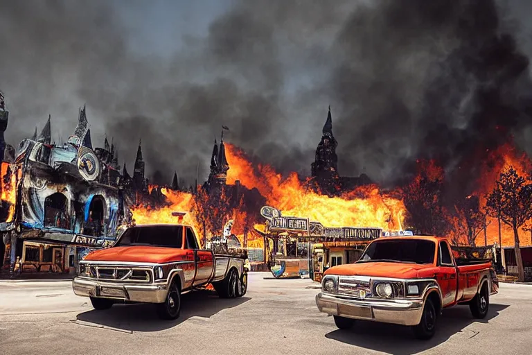 Prompt: lifted pickup in front of burning Disney Land by Emmanuel Lubezki