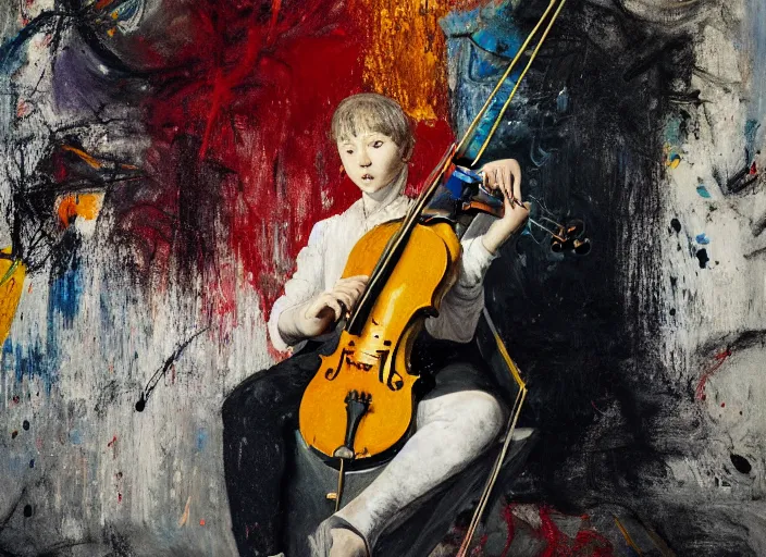 Prompt: portrait of a young violinist focusing, painted by vincent lefevre and hernan bas and pat steir and hilma af klint, psychological, symmetrical face, dripping paint, washy brush, background with hundreds of violins by andreas gursky, rendered in octane, altermodern, masterpiece