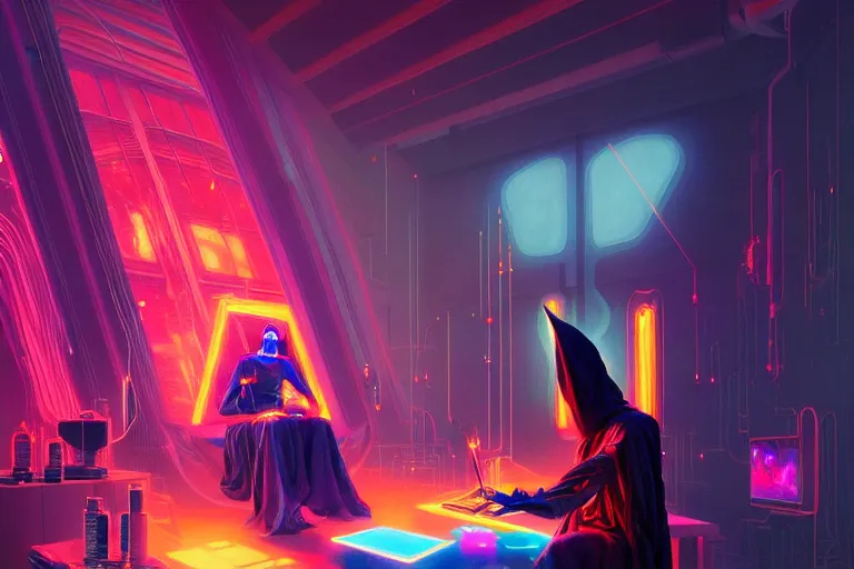 Prompt: a beautiful masterpiece painting of a technomancer wizard in robes with pointed hood breathing life into his synthesized AI djinn in his laboratory near a computer by Remedios Varo and Anato Finnstark and Greg Rutkowski, dayglo pink, dayglo blue, dazzle camouflage, 8k, trending on ArtStation