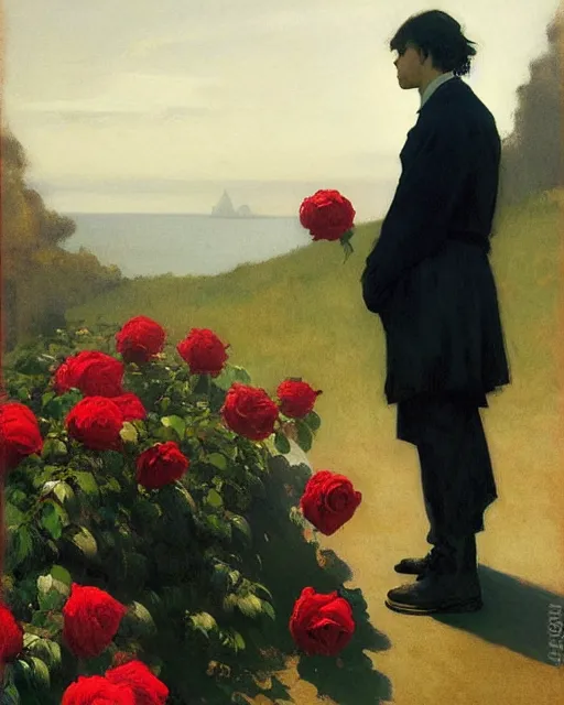 Prompt: a guy waiting for his love to come, holding roses, art by greg rutkowski, gustave courbet, rosa bonheur, edward hopper. faithfully depicted facial expression, perfect anatomy, sharp focus, global illumination, radiant light, detailed and intricate environment, trending on artstation