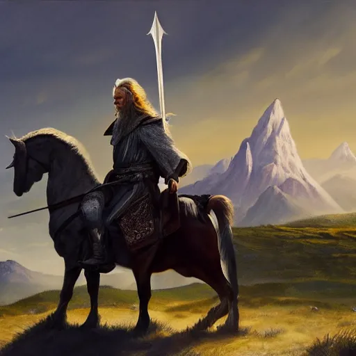 Prompt: Gandalf the grey on his horse protecting the city with magic from his staff from an imminent meteor strike, mountains in the distance, wide angle shot, hyper realistic painting, leica noctilux