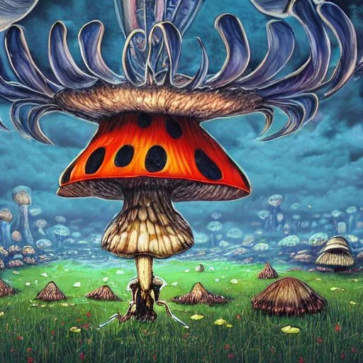 Image similar to 4 k headshot portrait of a psychedelic demonic anthropomorphic insect knight with mushroom themed clothes, magic mushroom village in background by jeff easley, award winning, stylized neon, post - processing, masterpiece, superb resolution. in the art style of junji ito and greg rutkowski. detailed mushroom city in background. hyper realistic anime. perfect art. dalle 2