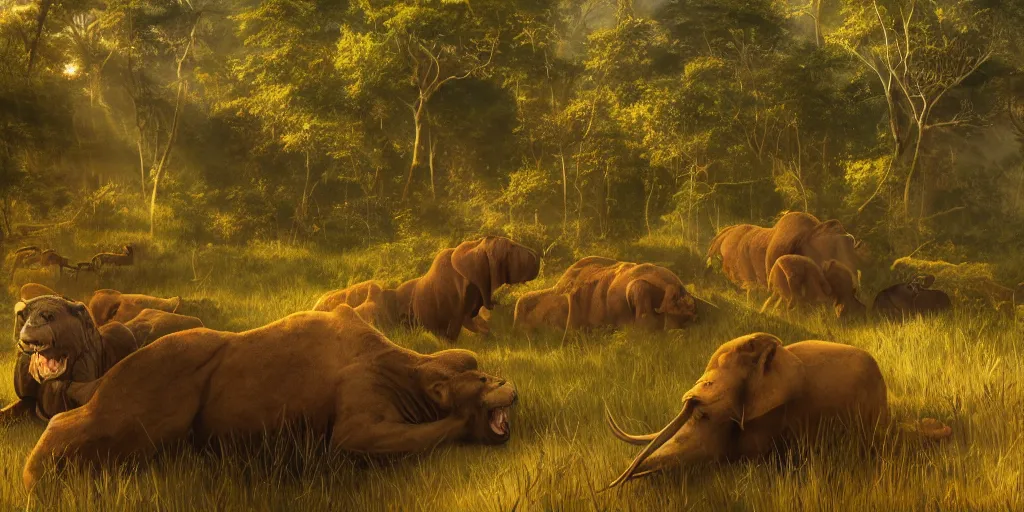 Prompt: vast wilderness of jungle with large mammals, sharp focus, highly detailed, golden hour, cgsociety