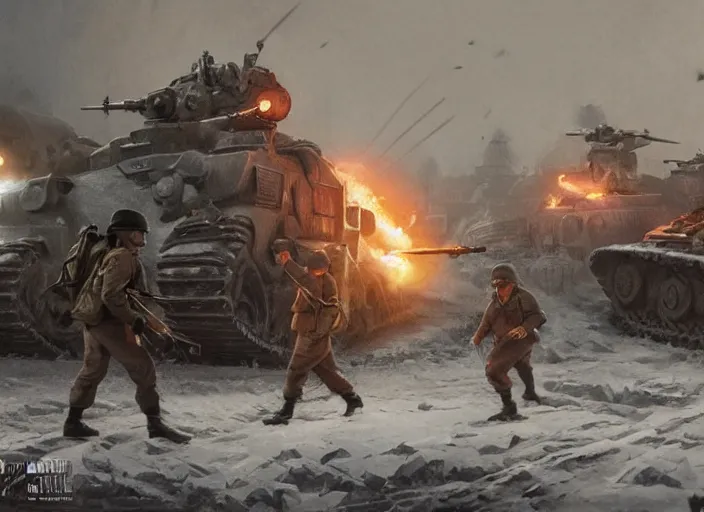 Image similar to soviet soldiers fighting against nazi monstrous robots in world war two eastern front setting, dieselpunk, winter concept art, artstation, stephen bliss, unreal engine, art by greg rutkowski, pixar, global illumination, radiant light, detailed and intricate environment