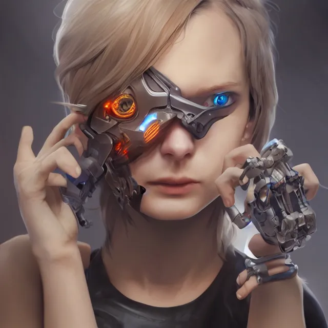 Image similar to girl with giant cyborg hands, cgsociety