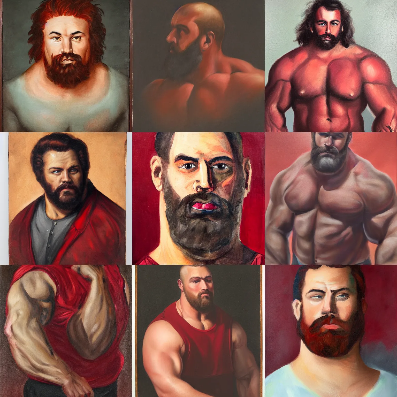 Prompt: painted portrait of a burly muscular man with dark red curled hair